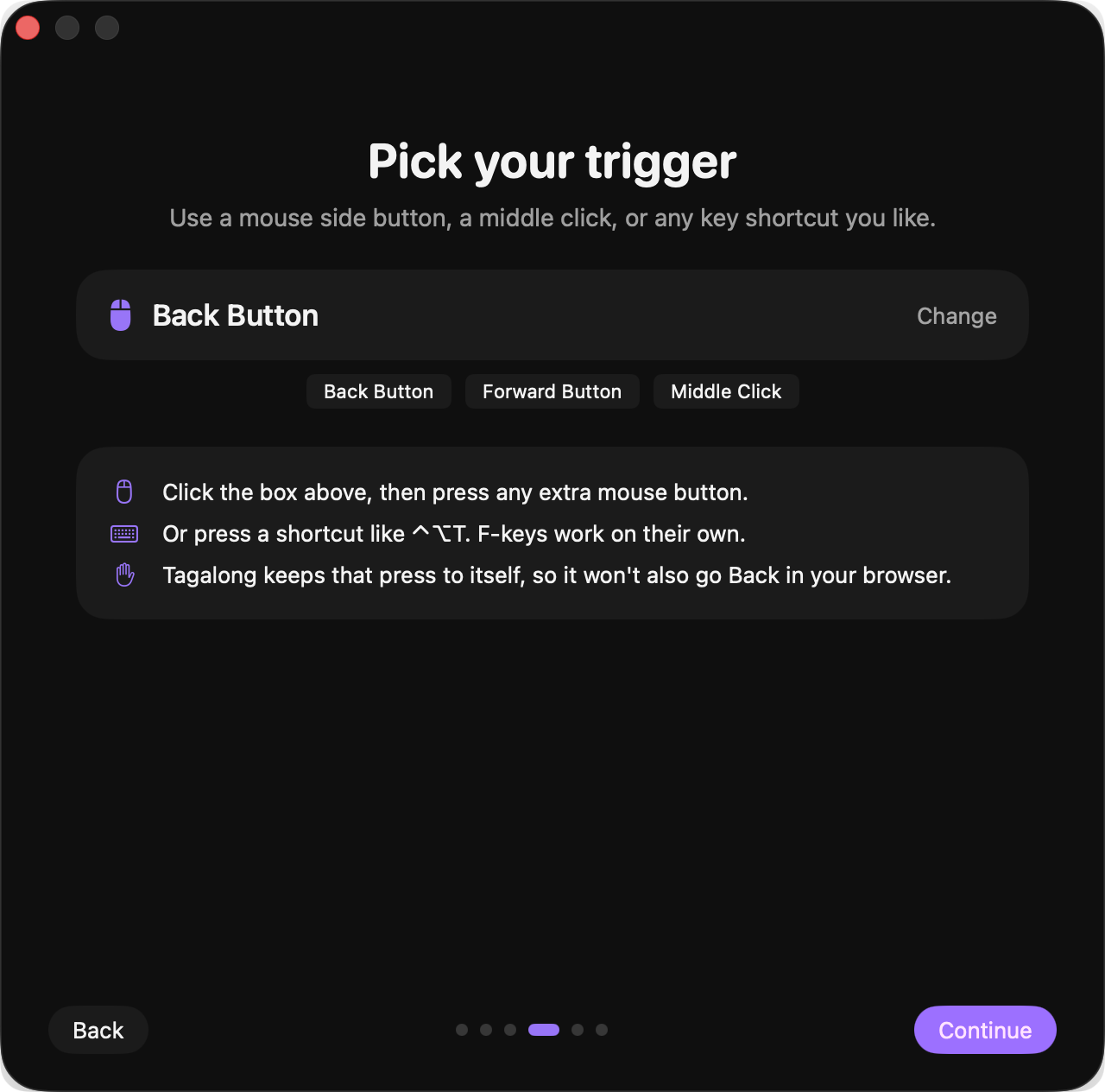 Tagalong's setup guide, on the Pick your trigger step